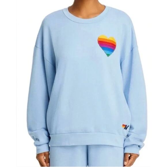 AVIATOR NATION | Women's Rainbow Heart Stitch Ice Blue Crewneck Sweatshirt | XL - Picture 1 of 6